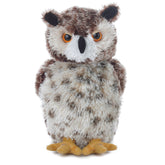 A speckled owl plush toy from Mini Flopsie by Aurora with orange eyes and a detailed beak.